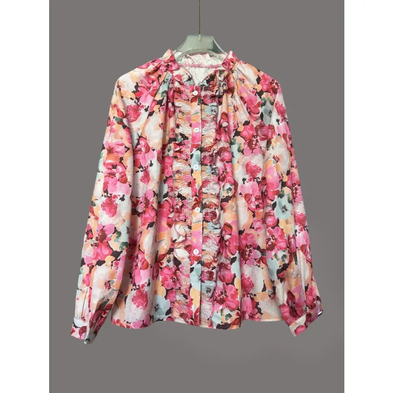 Camisa con estampado Floral, blusa de gasa, Tops de otoño para mujer, camisa Vintage holgada elegante de encaje empalmado, camisa coreana elegante, Tops con cuello redondo