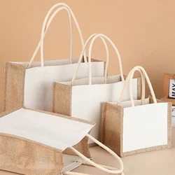 Reusable Burlap Jute Tote Shopping Bag for Grocery Wedding Birthday Gift Bags Vintage Top-Handle Storage Organizer Handbag