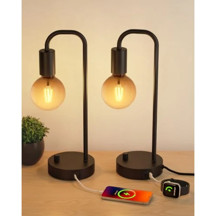 

Industrial Table Lamp Set of 2 with CandA Charging Port, Stepless Dimmable Nightstand Bedside Lamps for Bedroom, Desk Lamps wit