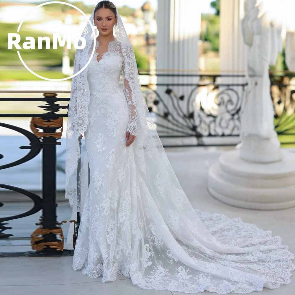 Ranmo Elegant Lace New Mermaid Wedding Dress V-Neck Sweep Train Full Sleeve Sleeves Bridal Gown Luxury Robe De Mariée Customized