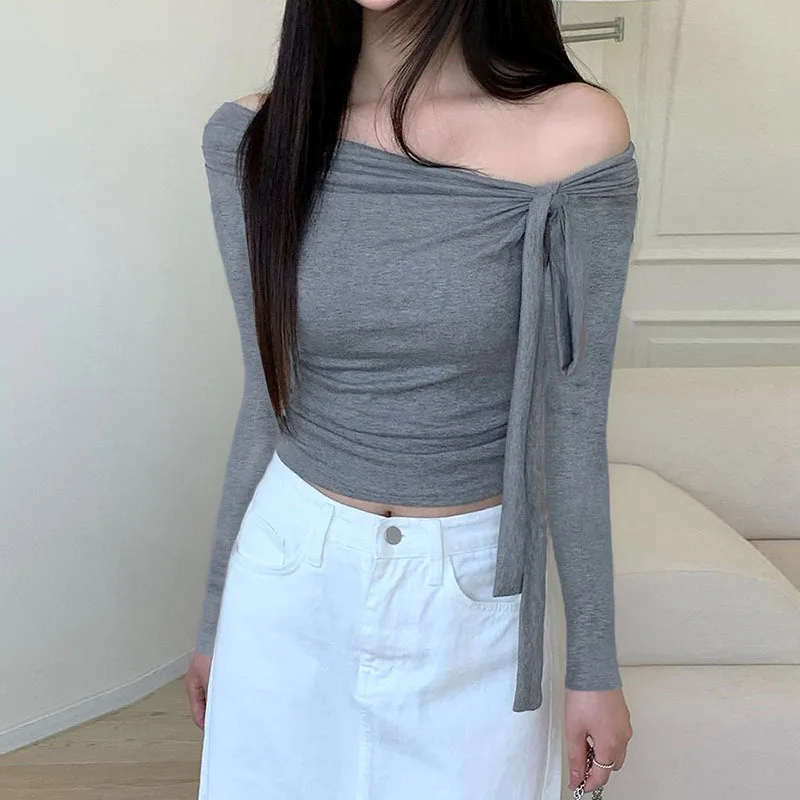 Gentle wind knot streamer design irregular one-line shoulder short blouse sweet girl with pleated waist long sleeves