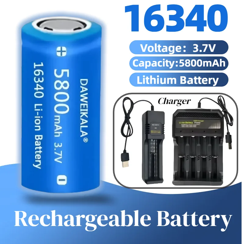 

3.7V 5800mAh 16340 Rechargeable Li-ion Battery CR123A for Laser Pen LED Flashlight Lithium Battery, Long-Lasting Power Cell