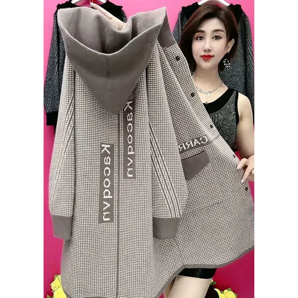 Middle-aged Elderly Mother Knitted Cardigan Autumn Winter Large Size Loose Thick Hooded Sweater Jacket Women Long Cardigan Coat