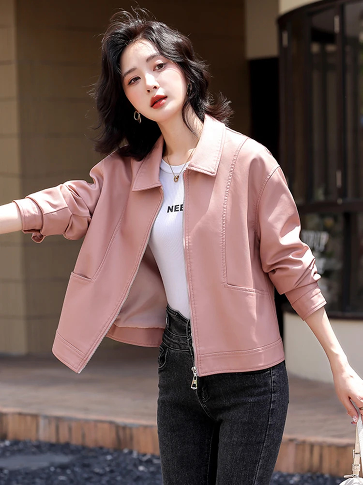 2025年春秋レディース オーバーサイズ ルーズ スリムカラー シープスキンレザージャケット 大きいサイズ アウター 通勤 スタイリッシュ ファッション
