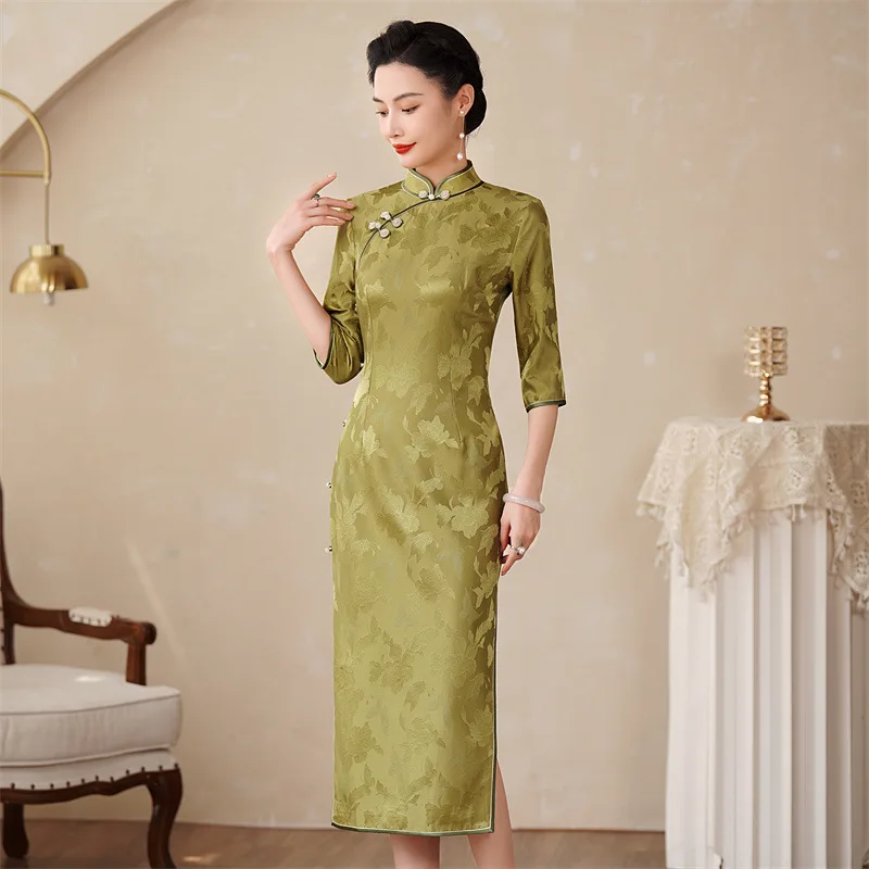 High Quality High-End Real Silk Cheongsam Qipao Autumn and Winter 2024 New Women's Three-Quarter Sleeve Dress Graceful Long