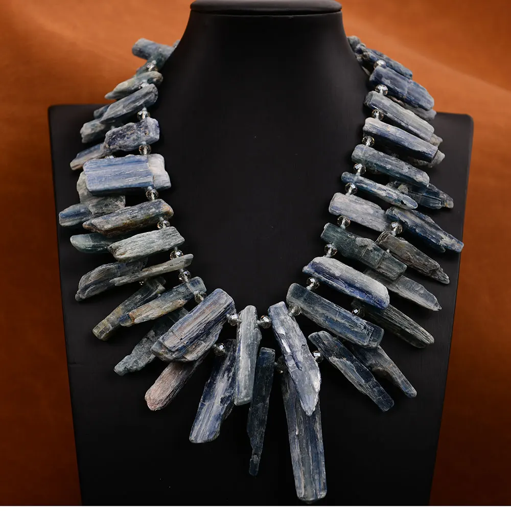 G-G Heavy Jewelry 2 Rows Huge Natural Top-drilled Kyanite Rough Necklace Handmade For Women