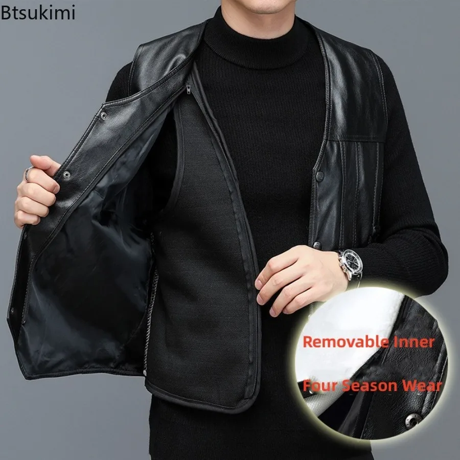 

New Men's Thicked Warm Leather Vests V-neck Single Breasted Casual Vest Jackets Removable Fleece Lining Suitble for All Seasons