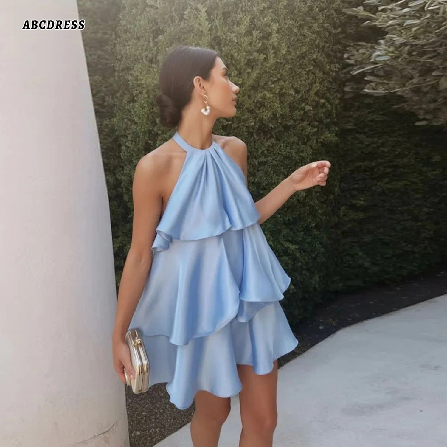Customized Light Blue Satin Chiffon Homecoming Dress Tiered Ruffle A Line Mini Cocktail Party Gown Backless Prom Evening Dress