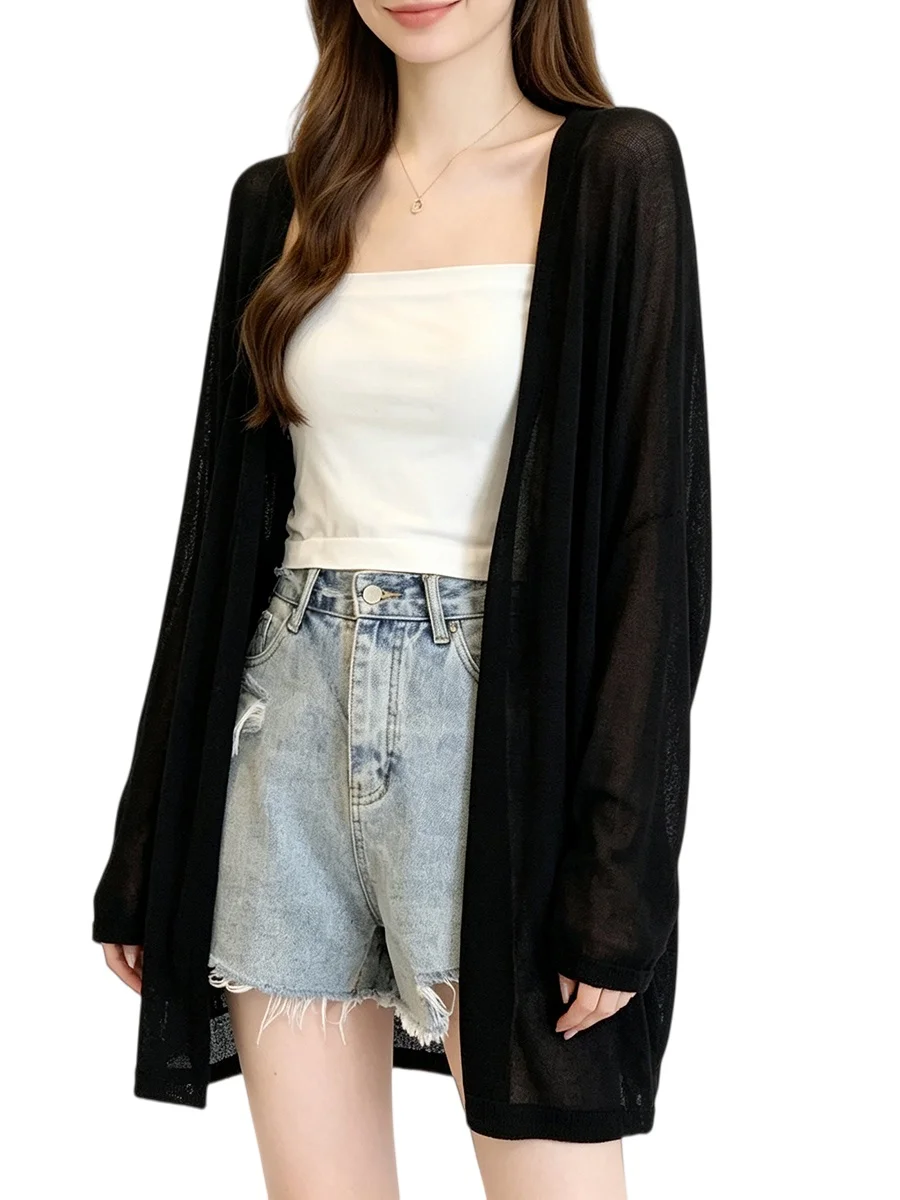 Womens Solid Color Regular Length Knit Cardigan Shawl for Summer Beach Vacation Yoga Cycling Casual Outdoor Activities Polyester