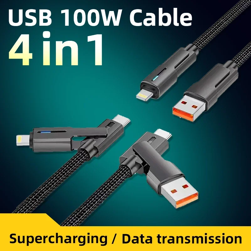 

4 in 1 100W 6A Fast Charging Type C Cable Micro USB for iPhone Charging Cable for Samsung Huawei Xiaomi Phone Charger USB Cable