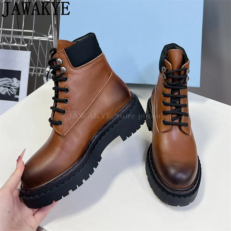 Fashionable Thick Sole Old Casual Motorcycle Boots Woman Round Toe Lace-Up Ankle Boots Genuine Leather Famous Punk Boots Women