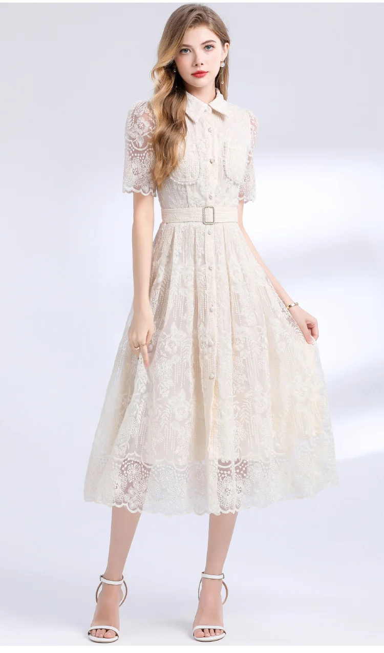 

Luxury Mesh Embroidery Midi-length Dresses Women's Vintage Lapel Short Sleeve Beaded Slim Long Dress With Belt