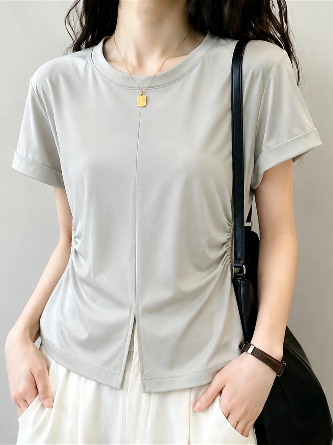 

Unique Design Gathered Waist round Neck T-Shirt Casual Style Simple Overhead Top Summer 2026 Women's Silk Straight Cut Shirt