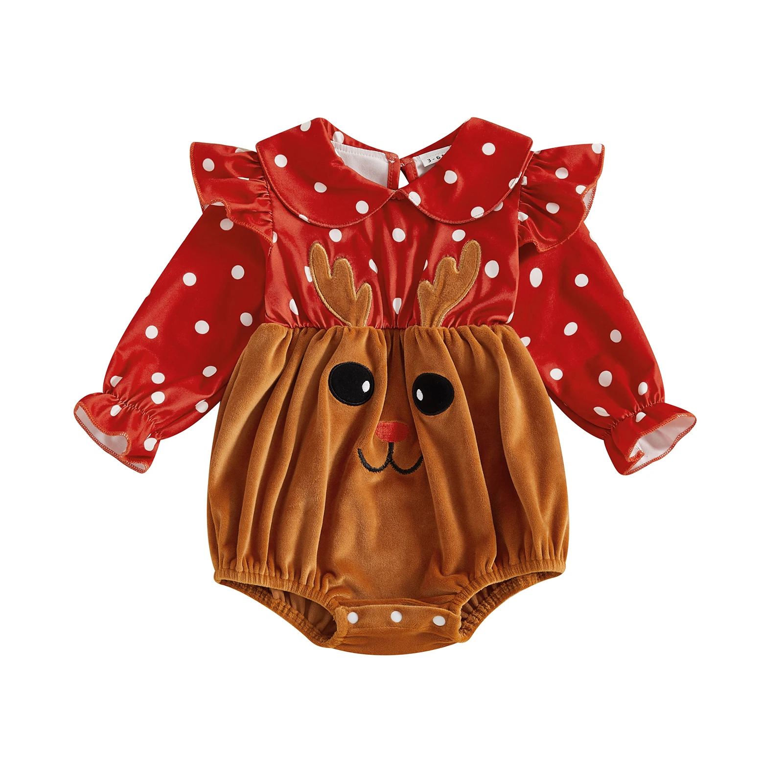 

Toddler Girl Winter Rompers Snowflake Print Long Sleeve Jumpsuit with Hooded Deer Patchwork and Lantern Collar for Christmas