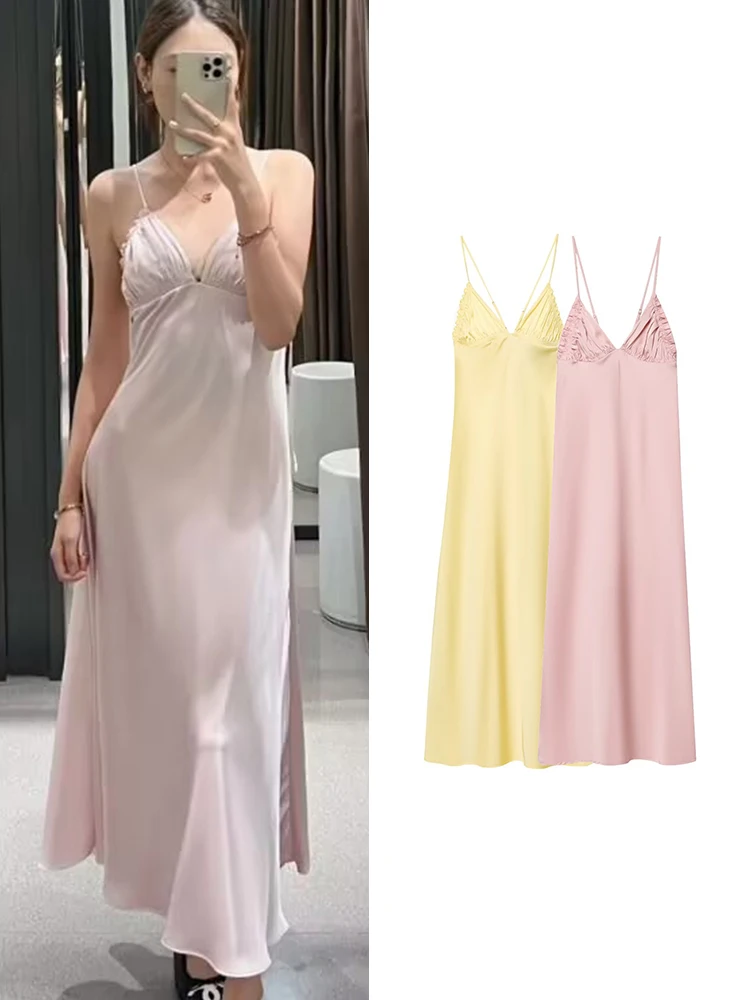 TFMLN Summer Women Wrinkles Design Sling Dress Sexy Fashion Solid V-Neck Sleeveless Backless Beach Party Midi Dress 2026 New