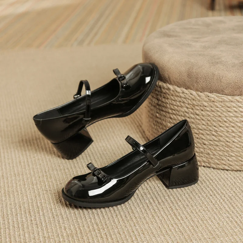 New Design Mary Jane Shoes Buckle Pumps Women Elegant Shallow Hollow Thick Heel Casual Shoes Ladies Office Party Leather Shoes