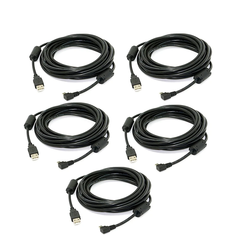 5X Mini USB B Type 5Pin Male Right Angled 90 Degree To USB 2.0 Male Data Cable With EMI Ferrite Core 5 Meters