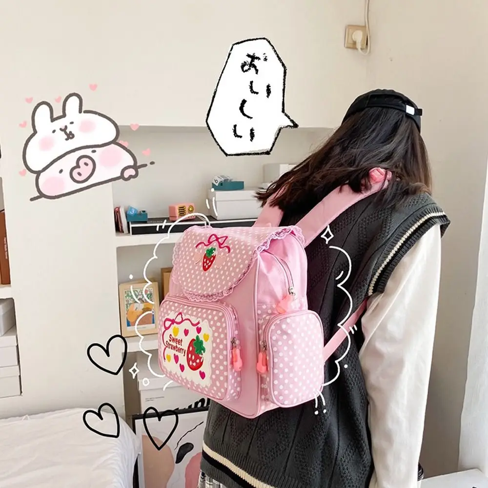 Bordado morango saco de escola multi-bolso pontos menina mochila kawaii grande capacidade estudante saco de viagem