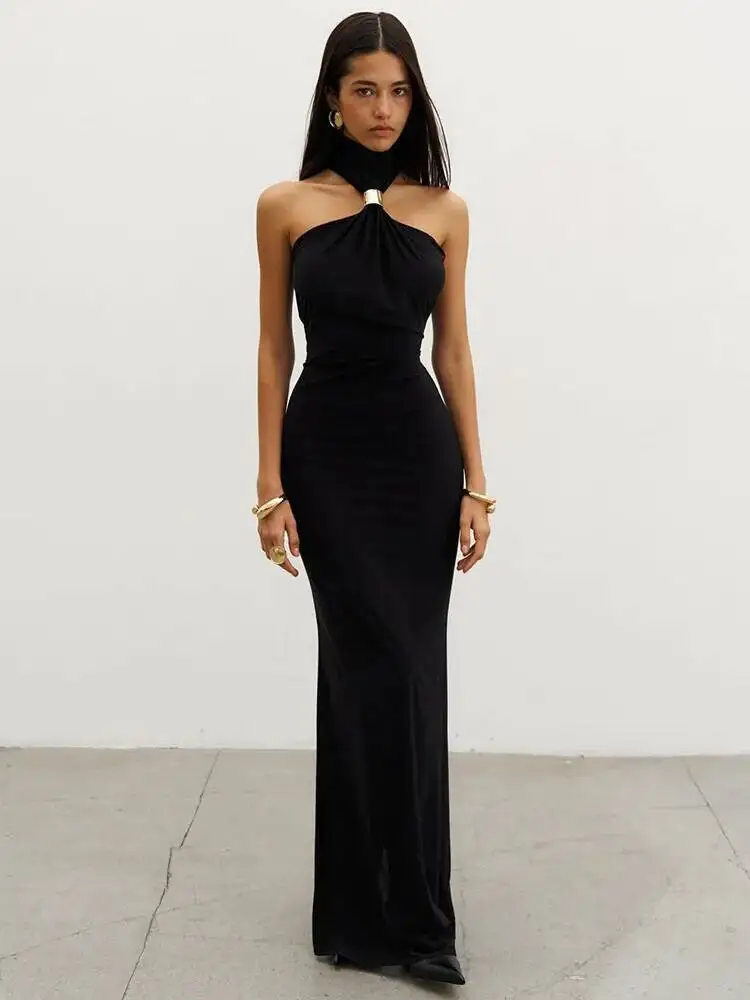 Balitops Gold Ring Turtleneck Maxi Tank Dress Women Summer New Slim Fit Female Dress Sleeveless Back Split Bodycon Long Dress