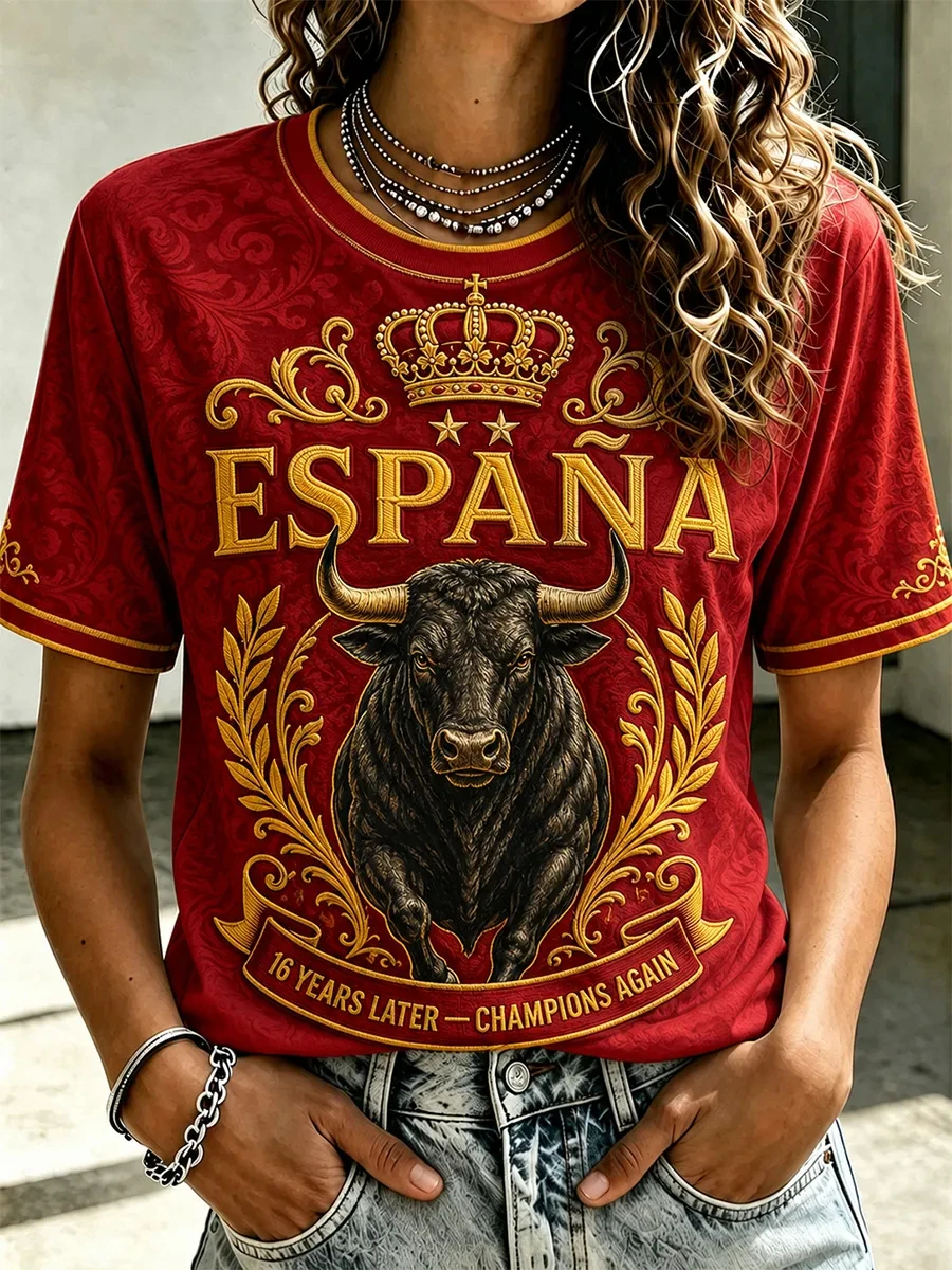 Women's Spain We Are The Champions 2026 Print Celebrate España Football Printed T-shirt Spain Football Cultural T-Shirt