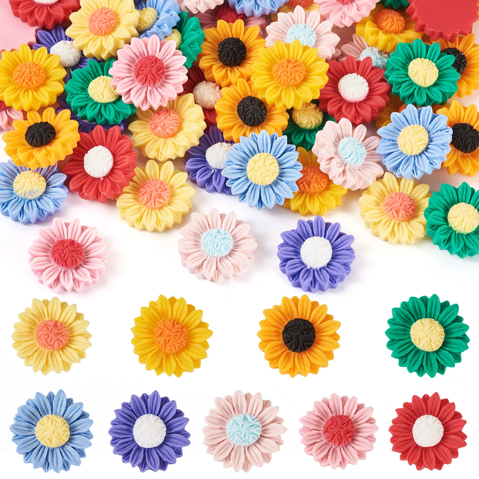 

Pandahall 54Pcs 9 Colors Cute Sunflower Opaque Resin Flat Back Cabochon Scrapbook DIY Jewelry Embellishments Accessories