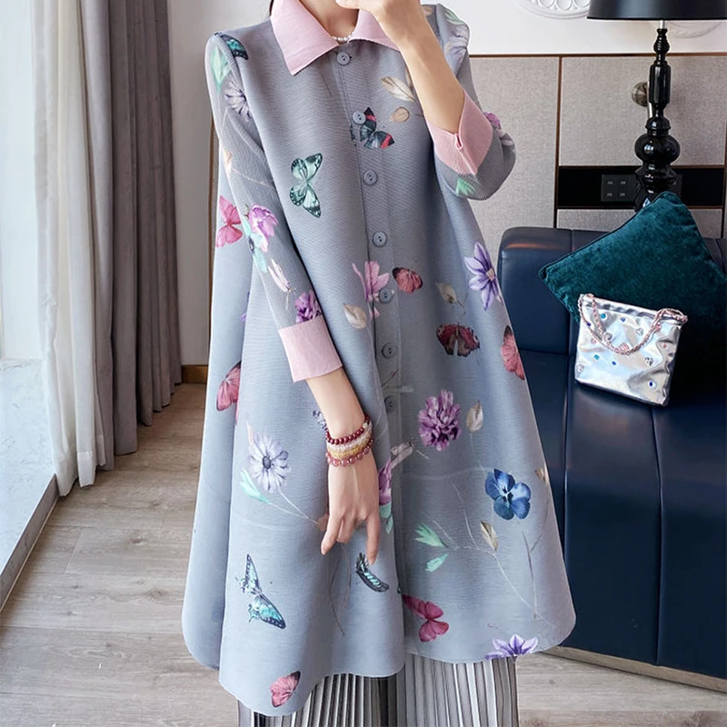 Folded 2024 Autumn New Chinese Butterfly Print Chinese Style Retro Dress Elegant and Loose  maxi dress