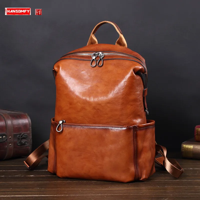 Cowhide backpack men's leather backpack Europe station laptop bag trend Korean leisure travel bag large capacity