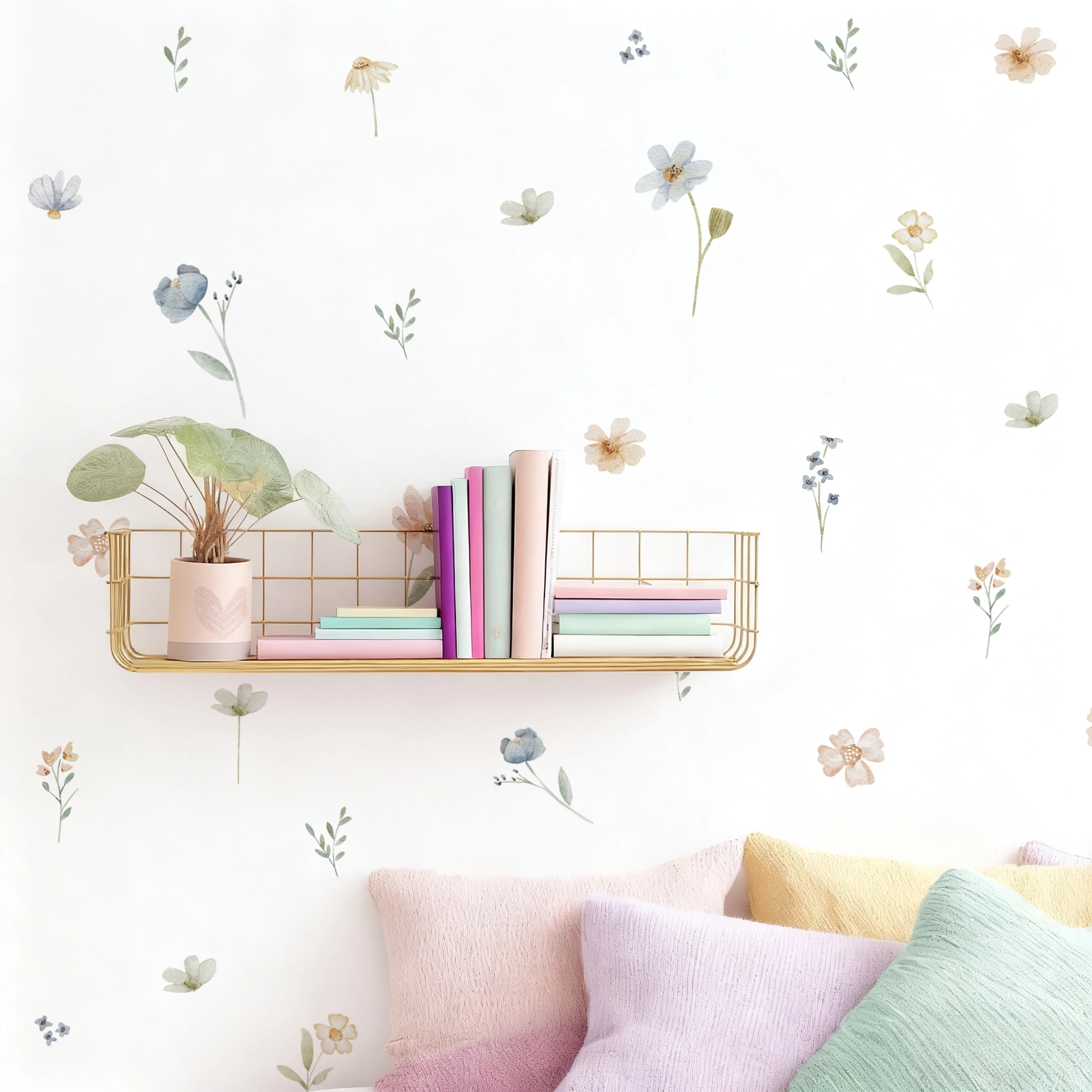 Transparent Watercolor Soft Pastel Floral Easy Peel & Stick Waterproof Wall Stickers Self-Adhesive Nursery Kidroom Decor