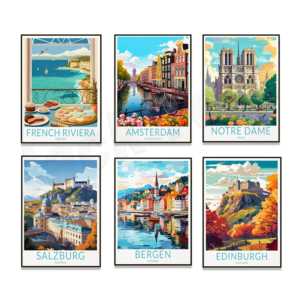 

France, Salzburg, Swiss Glacier Express, Norwegian fjords, Louvre Museum, Bergen, Lake Maggiore, Livorno Italy travel poster