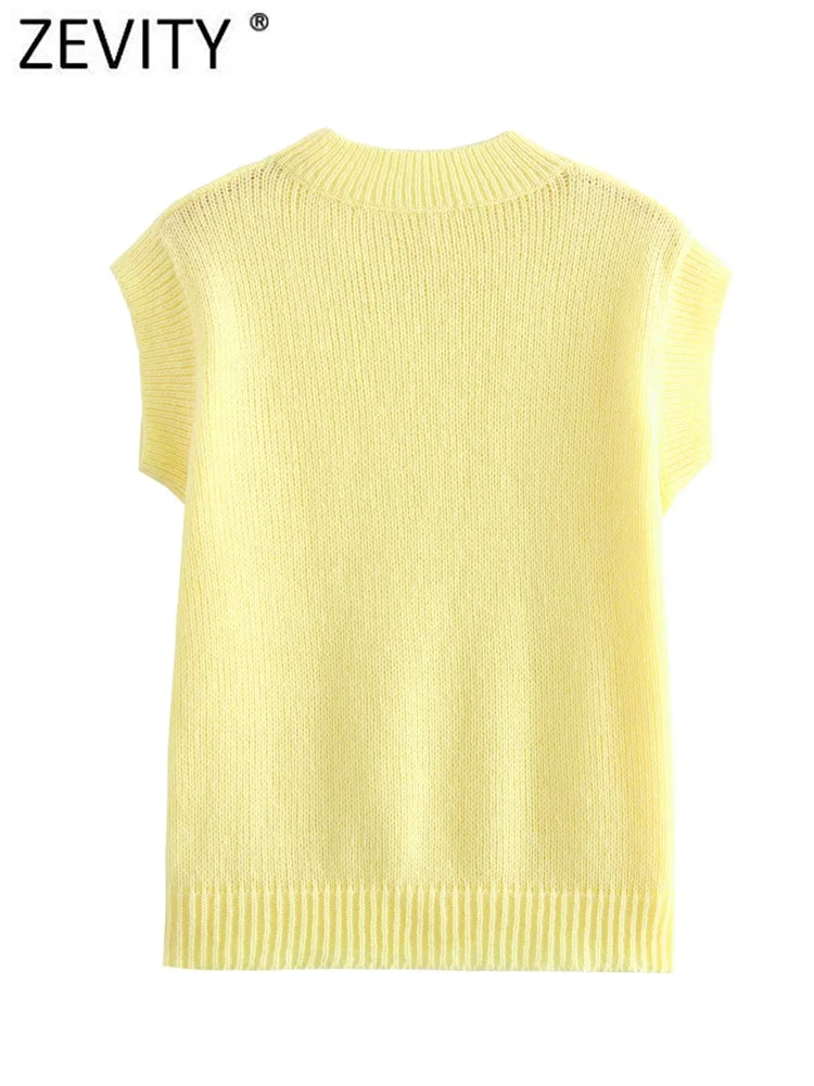 Zevity Women Fashion O Neck Raglan Sleeve Yellow Color Knitting Vest Sweater Female Chic Basic Pullovers Tops SW6296