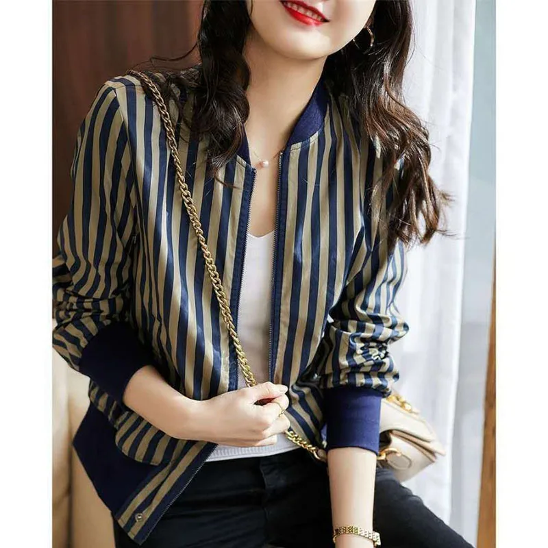 Autumn Fashion Trend Stripe Round Neck Combed Cotton Short Jacket Versatile  Reducing Age and Slimming Women\'s Baseball Coat