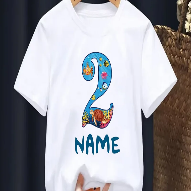 2-10 Years Old Birthday Print -Tshirt Boys Cute Marine Creatures Turtle Numeral Print Kids T Shirt Funny Boys/Girls Tshirt Tops