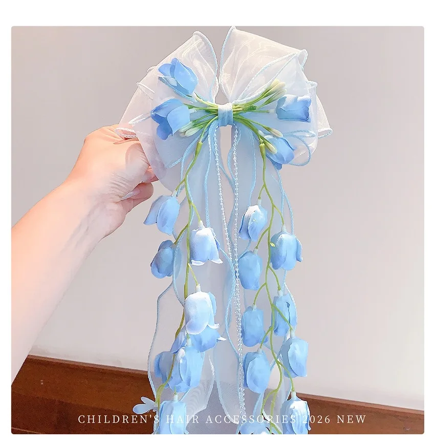 2026 Neue Koreanische Traumhafte Blumen-Haarspangen mit Langen Organza-Bändern und Maiglöckchen, Schonende Haaraccessoires für Kleinkinder, Mädchen-Partys und Geschenke – Detail 6