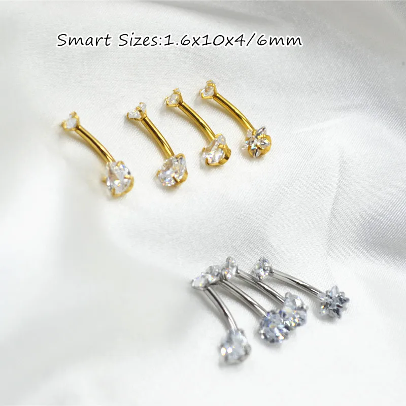 50PCS Surgical Steel Double CZ Smart1.6X10X4/6MM Navel Belly Ring Button Bar Internally Thread  Body Piercing Jewelry