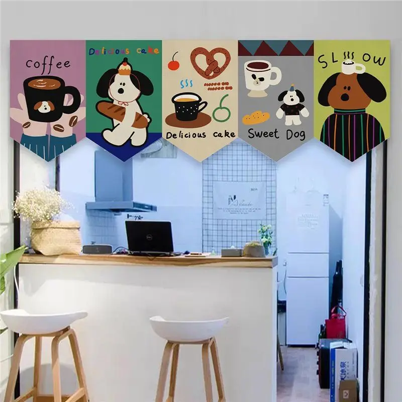 Cartoon Dog Coffee Door Curtain, Triangle Flag Noren Half Curtain, Privacy Room Divider For Coffee Shop, Aesthetic Home Decor