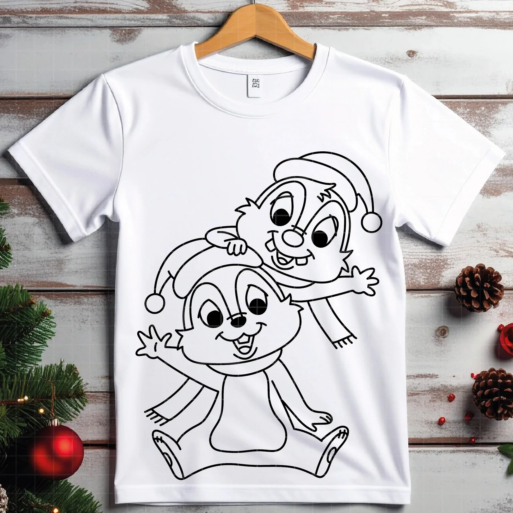 

Loose Fit High Quality Cotton Disney Chip Dale T Shirt Chipmunks in Red Hats Green Scarves Pine Cones Branches Casual Sportswear