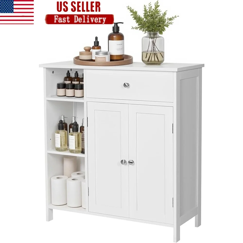 

Freestanding Bathroom Storage Cabinet Adjustable Shelves Drawer 3 Open Compartments Durable MDF Organization Unit with Anti-Tip