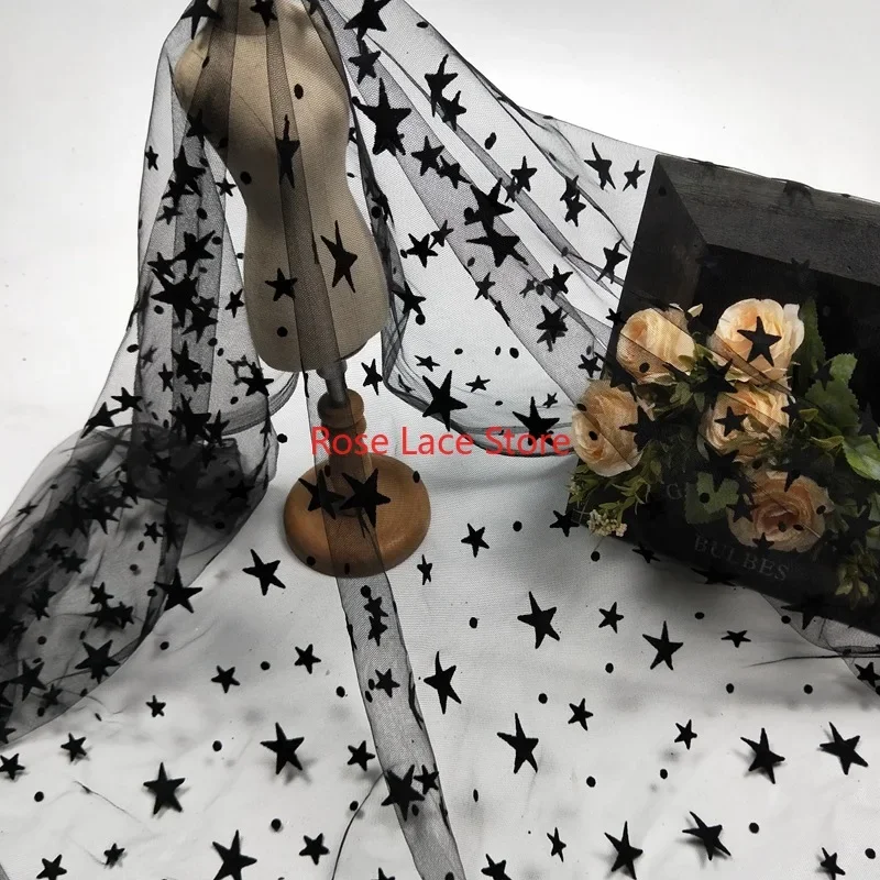 

Black Flocked Star Mesh Tulle Lace Fabric for Princess Dress Wedding Lace Bridal Dress Veil Headband Tutu Skirt 1 yards