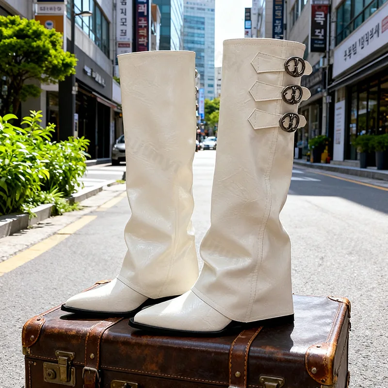 إمرأة أحذية طويلة 2026 موضة جديدة أشار تو مصمم الركبة عالية أحذية من الجلد حزام معدني مشبك النساء فارس الأحذية Mujer بوتاس #5