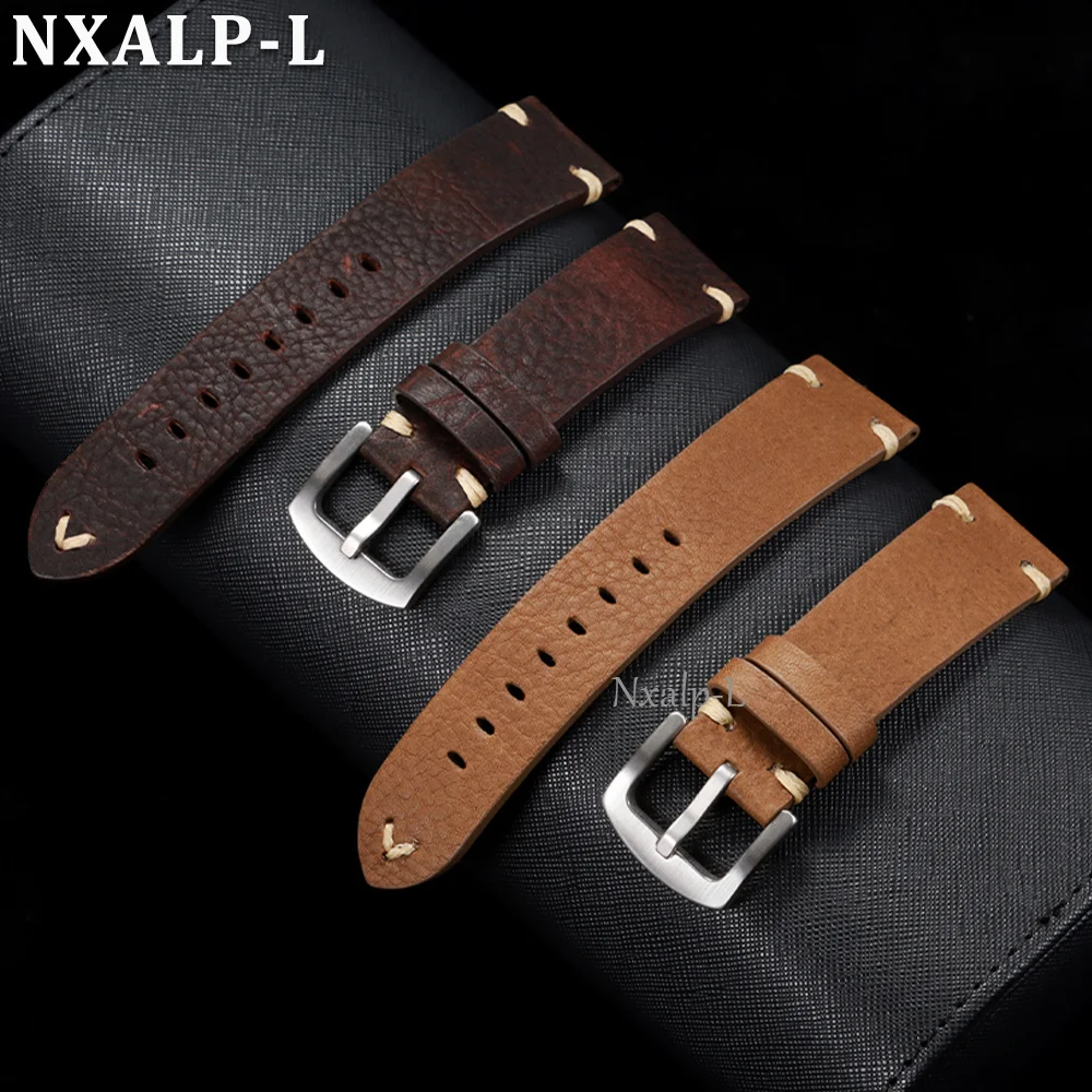 18mm 20mm 22mm Vintage Genuine Leather Watch Band Handmade Stitching Cowhide Strap for Men Women Universal Bracelet Metal Buckle