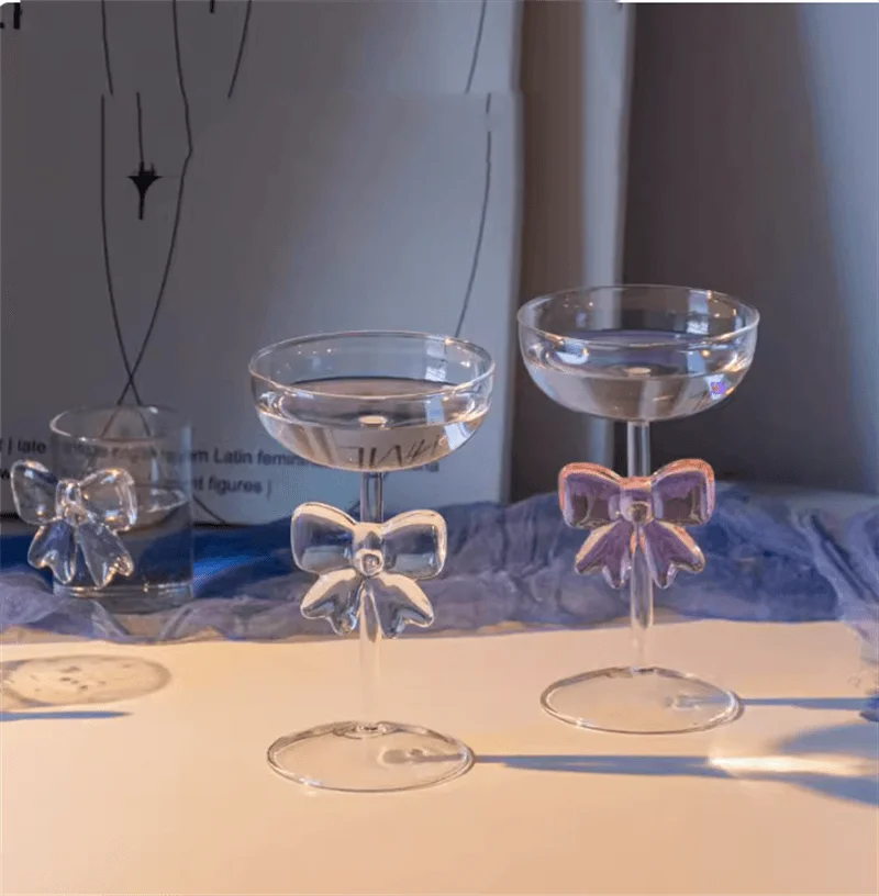 Light luxury Pink Large Bow Glass Cup Heat-resistant Glasses Goblet Champagne Bow Handle Glass High BorosilicateCold Drink Cup