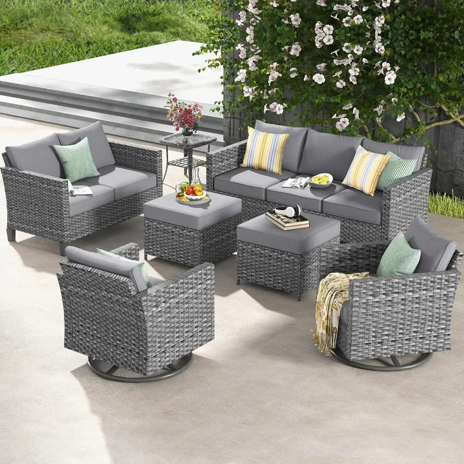 

Outdoor Wicker Rattan Sofa Couch with Ottomans and Comfy Cushions, All Weather High Back Conversation Set for Backyard Garden