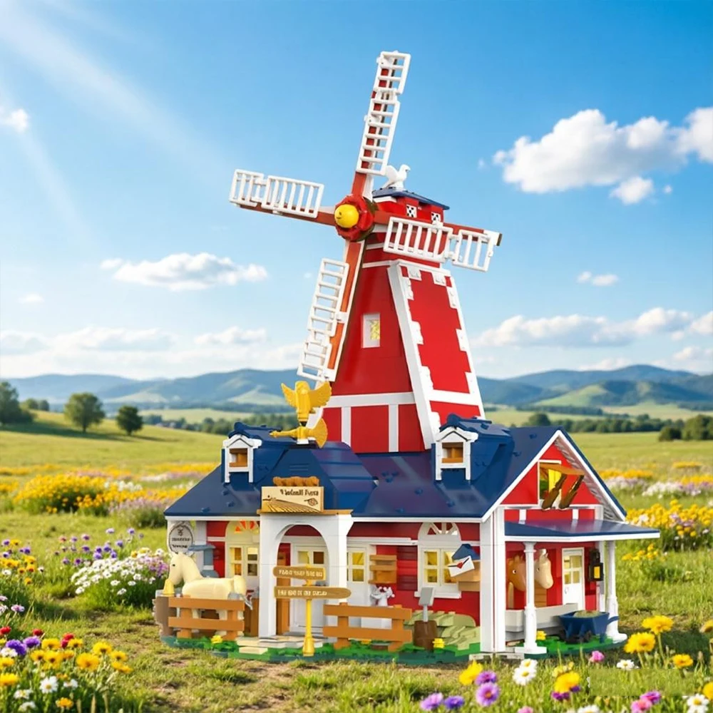1810PCS Windmill Farm Building Blocks With USB Light Red Barn Stable House Model Bricks Set Educational DIY Toy Holiday Gifts