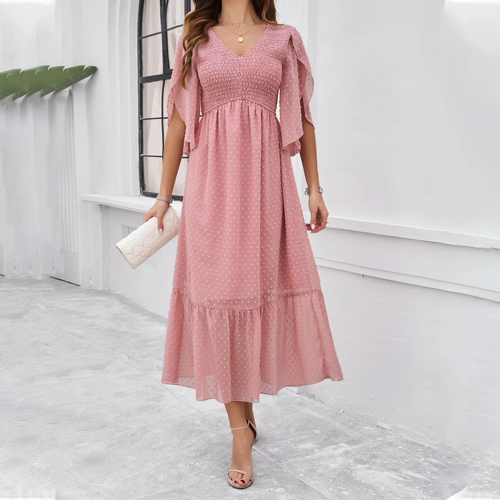 

High Quality Women's Clothing 2024 Spring Summer Elegant Temperament Solid Color V-neck Pleated Dress Personality Y2k Dress Maxi