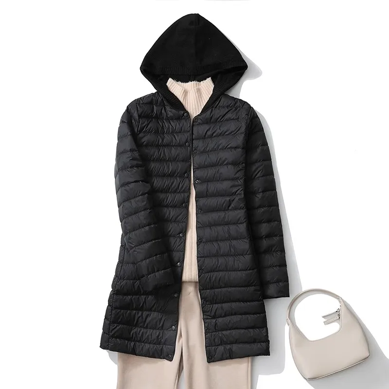 Outono inverno longo de malha retalhos com capuz jaqueta feminina ultra leve fino pato branco para baixo casaco senhoras quente puffer parkas