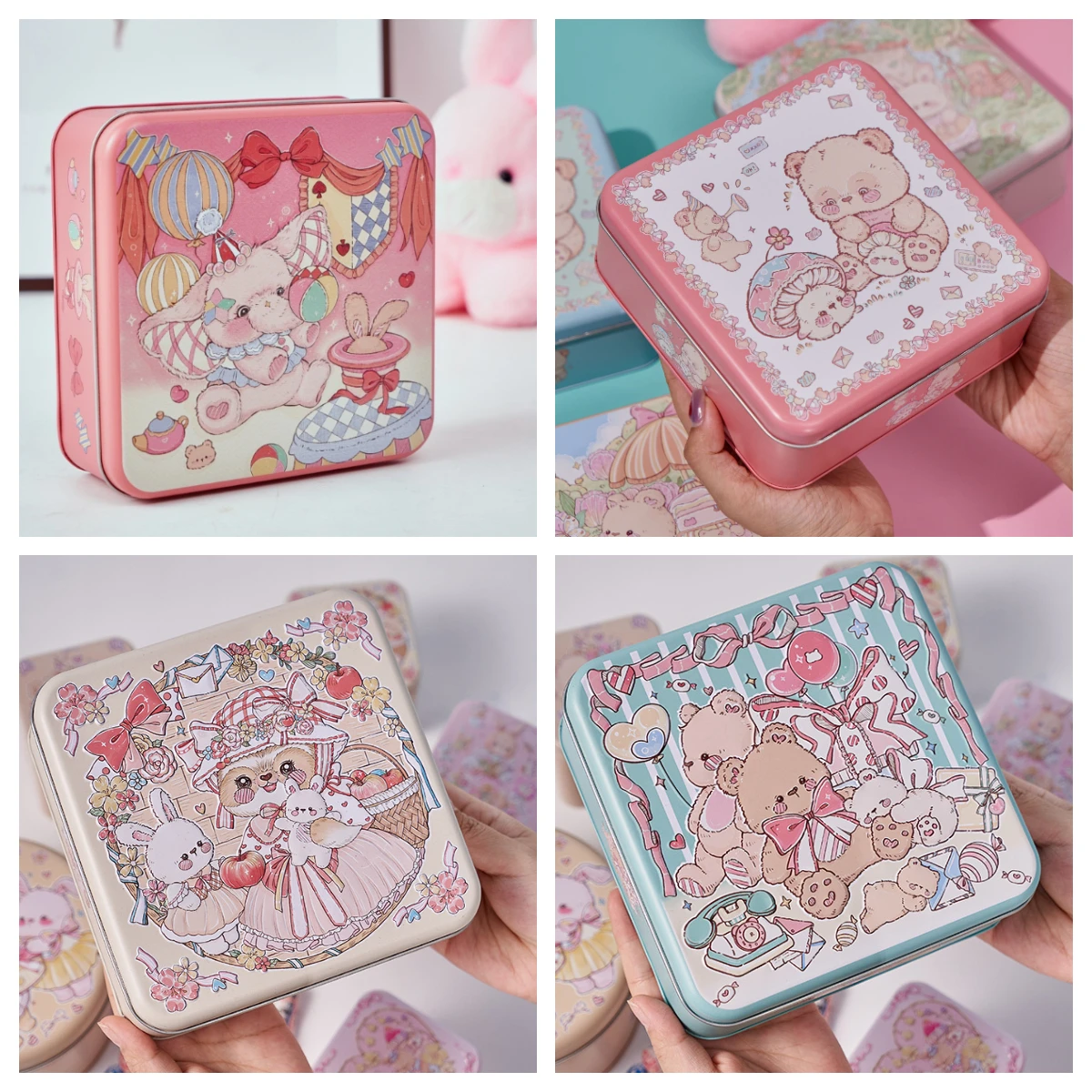 New Cute Cartoon Bear Candy Biscuit Tin Storage Box Cookie Packaging Case Square Empty Cake Organizer Plate Gift Box Baking Tool