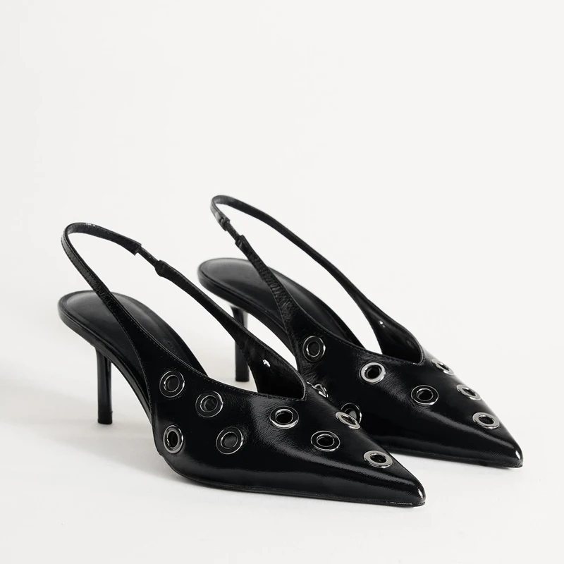 

Fall New Women's High Heels Leather Decorated Eyelets Open Toe Ankle Strap Mueller Shoes Black Fashionable Gladiators
