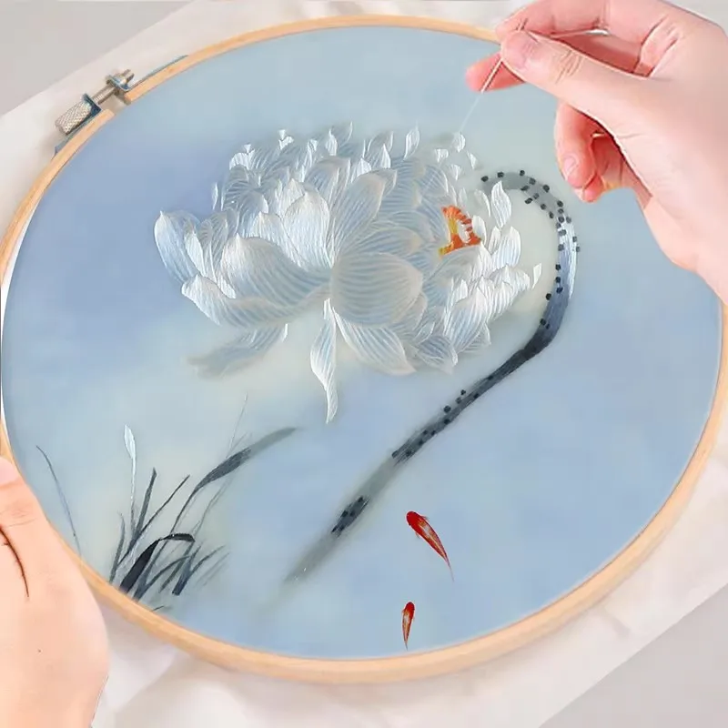 DIY Silk Embroidery Kit: Create Lotus and Fish Art, Complete Craft Set for Beginners with Fine Threads & Frame