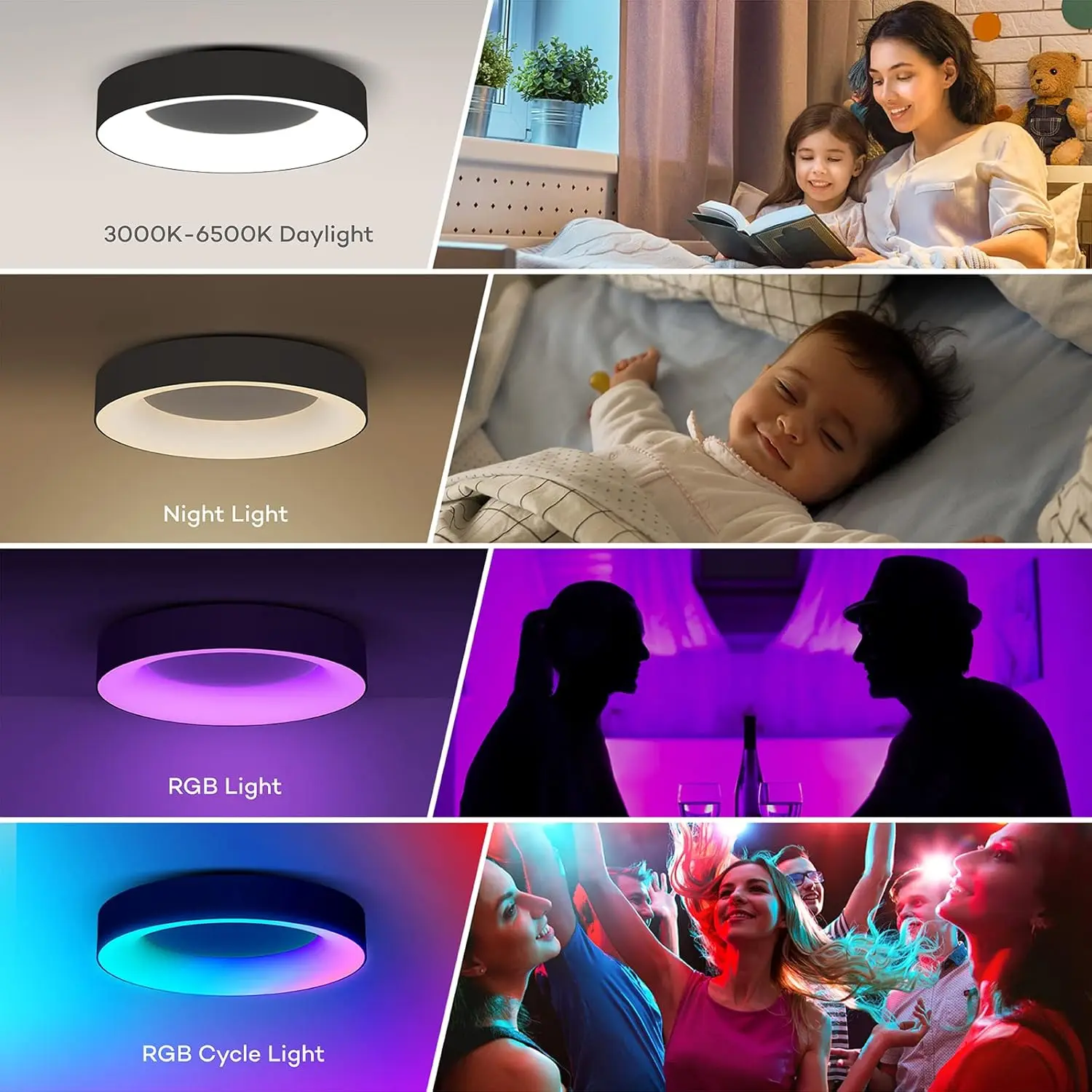 Rgb lampu langit-langit Led Flush Mount, dengan Remote Control, lampu langit-langit Hitam 11 inci 24W, warna cahaya 3000K-6500K