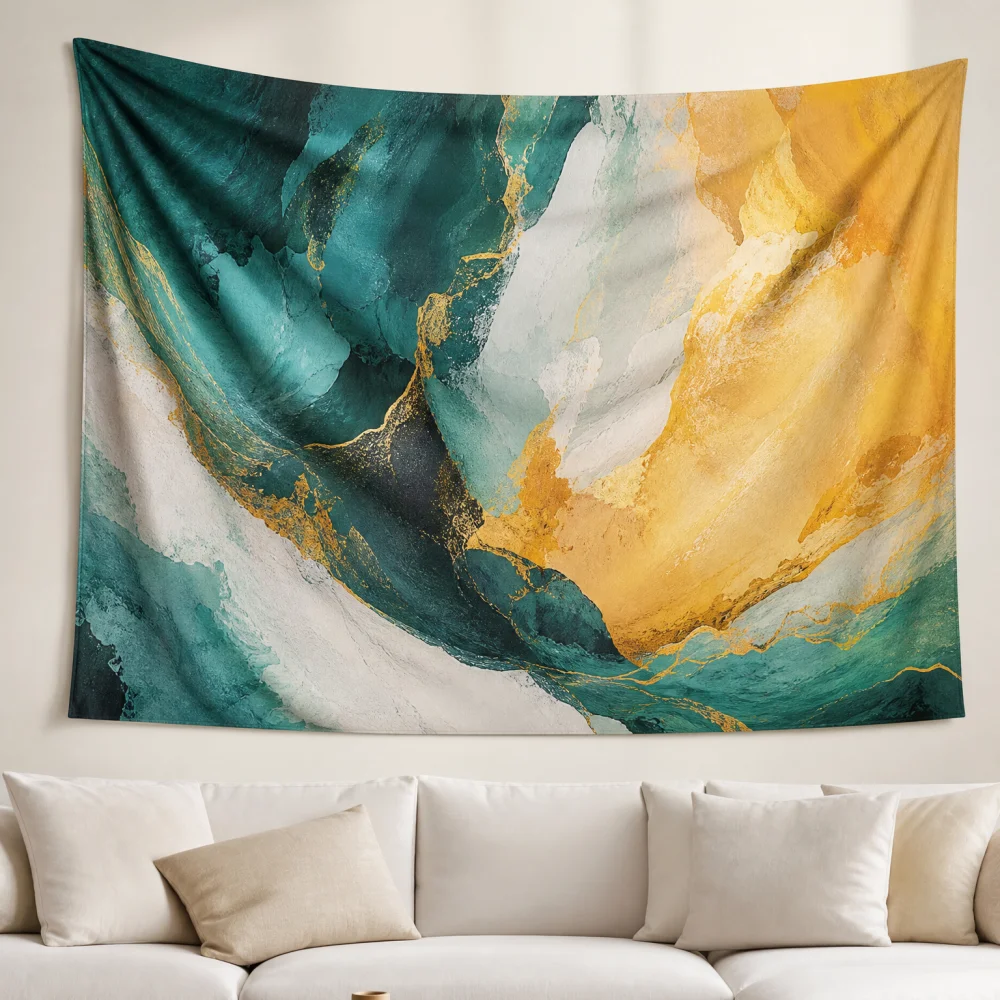 Dark green warm yellow gold-plated fluid 150X100CM customizable tapestry living room high-end atmosphere wall background cloth